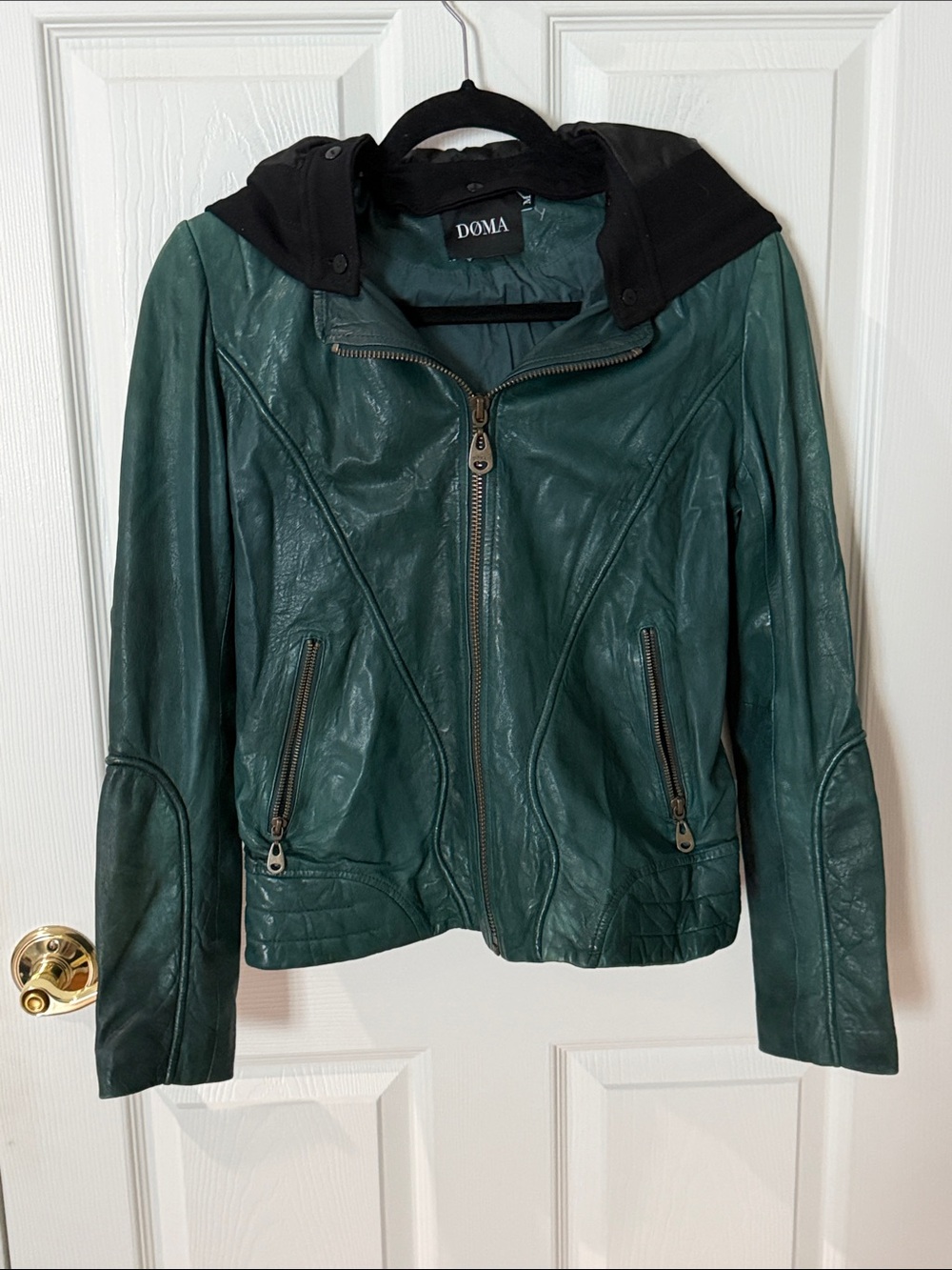 Doma Teal Green Leather Jacket with Black Hood removable medium